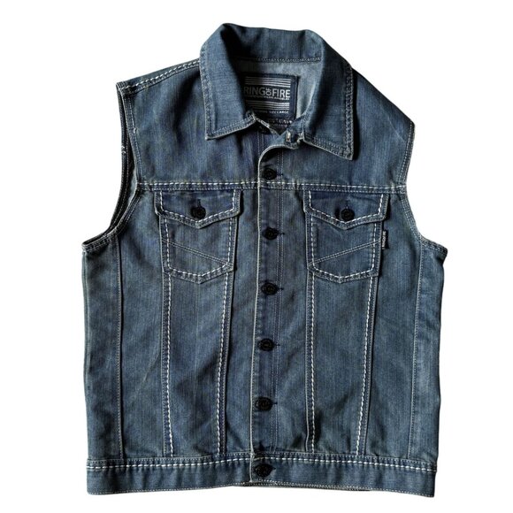 Ring Of Fire DownTown Las Angeles Mens Denim Vest Button Front L Blue See Pics - Picture 1 of 5